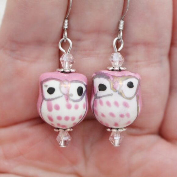 Pink Hand Painted Beaded Owl Earrings - Handmade & Hypoallergenic - Picture 5 of 5